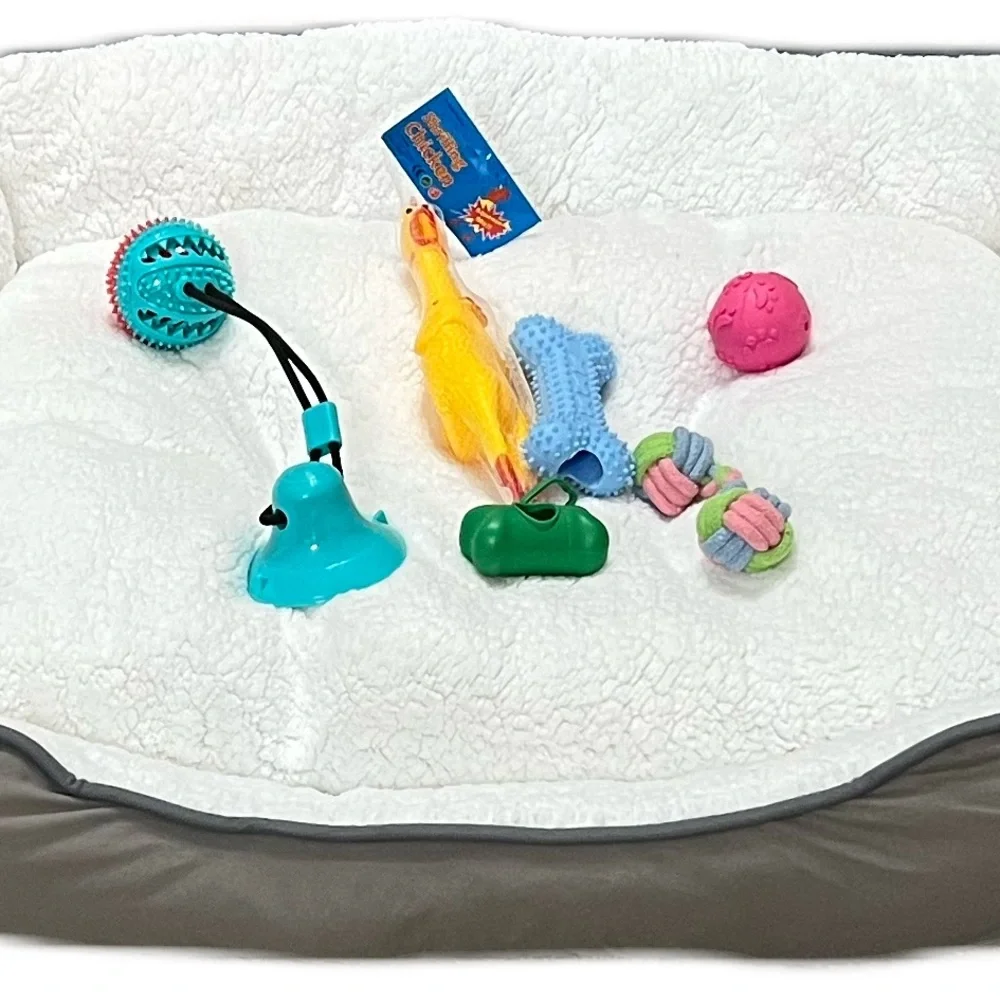 This is a bundle of pet toys with the bed. This is great for medium size dog ,